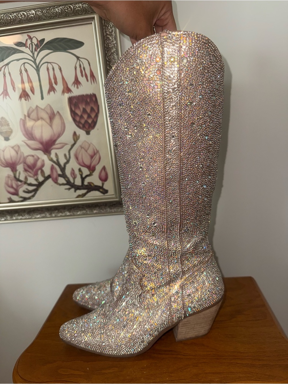 Show Me Your MuMu Iridescent Crystal Knee-High Boots - Silver/Pink Sparkle
